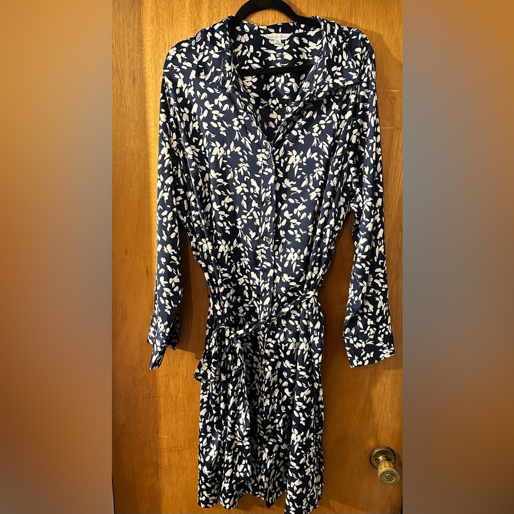 Ophelia Roe Long Sleeve Midi Shirt Dress Navy & White Floral Pattern